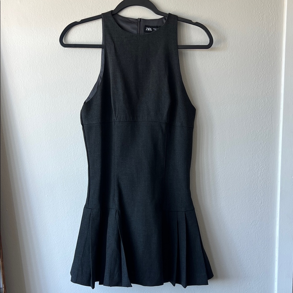 Zara Black Mini Dress with Pleated Hem